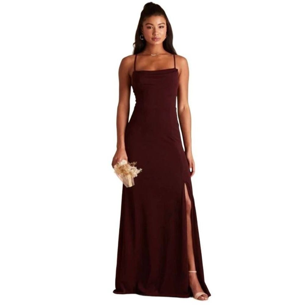 Birdy Grey Formal Maxi Dress XL Cabernet Maroon Front Slit Cowl Square Neck Long